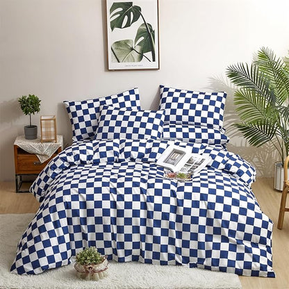 CLOTHKNOW Blue White Plaid Queen Comforter Set Grid Bedding Comforter Sets Checkerboard Comforter Royal Blue White Comforter with 2 x Pillow Cases