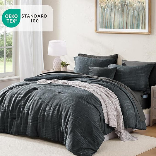 MaiRêve Full Size Comforter Sets Blue Grey, Textured Design Crinkle Bedding Sets 7 Pieces, All Season Bed in A Bag with Comforter, Sheets, Pillowcases & Shams