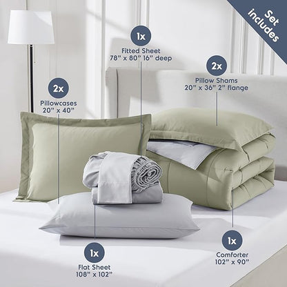 Nestl 7 Piece King Comforter Set – Light Sage Reversible Bed in a Bag – Complete King Size Bedding Set with Sheets, Pillowcases and Shams