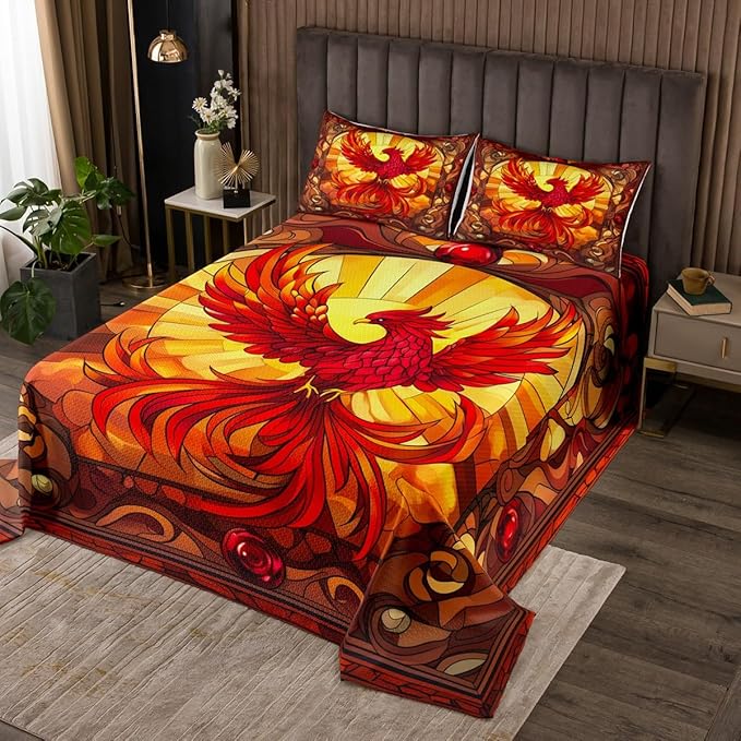 Flying Phoenix Kids Bedspread Queen Size,American Phenix Western Birds Coverlet Set,Boys Girls Room Decor,Geometric Abstract Patchwork Quilted Coverlet,Red Brown Retro Bedding Quilt,2 Pillowcases