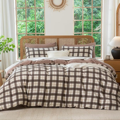 Comforter Set King Plaid 3 Pieces Soft Crinkle Gauze Fabric Plaid Bedding, Vintage Style Checkered Gingham Comforter Set for All Seasons Luxury Warmth Comfy Breathable with 2 Pillowcases