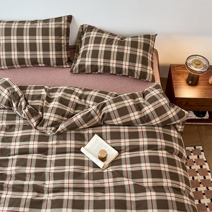 EAVD Vintage Brown Buffalo Plaid Comforter Set Full Soft 100% Washed Cotton Brown&Red&Green Grid Checkered Bedding Set with 2 Pillowcases Retro Gingham Comforter Set for All-Season