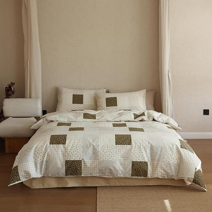 Patchwork Comforter Set Full Size Brown Gingham Floral Bedding Set Cotton Down Alternative Plaid Teen Girl Bedding Comforter Sets Boho Fluffy Cute Light Weight Bed Comforter with 2 Pillowcases