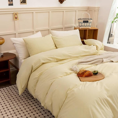 ECOCOTT Duvet Cover King Size, 100% Washed Cotton Linen-Like Soft & Breathable, Durable Comfy Bedding Set for All Seasons Light Yellow
