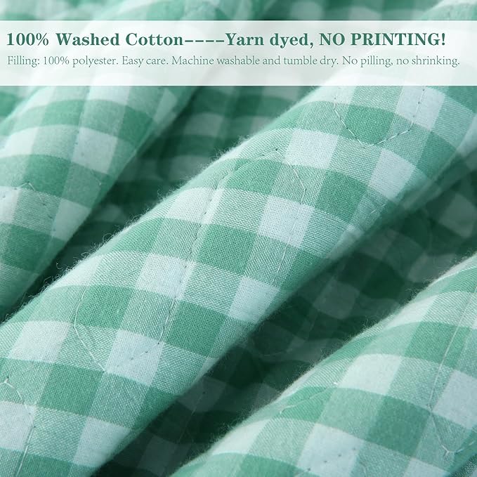 Spa Blue White Ruffle Gingham Quilt Set Queen Size with 2 Pillow Shams, 100% Washed Cotton Yarn-Dyed Quited Bedspread Farmhouse Bedding Set (Spa Blue, Queen) | Ruffle, gingham sheets