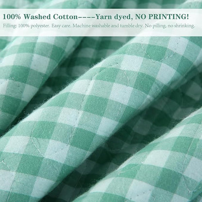 Spa Blue White Ruffle Gingham Quilt Set Queen Size with 2 Pillow Shams, 100% Washed Cotton Yarn-Dyed Quited Bedspread Farmhouse Bedding Set (Spa Blue, Queen) | Ruffle, gingham sheets