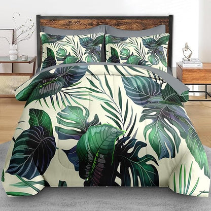 Comforter Set Queen Size, Palm Leaf Tropical 7 Pcs Bedding for Kids and Adults, Plants Leaves Hawaiian Bed Sheet Sets with Fitted Sheet 2 Pillowcase & 2 Sham for Bedroom Bed Decor