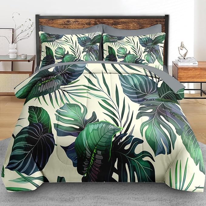 Comforter Set King Size, Tropical Plants Leaves 7 Pcs Bedding for Kids and Adults, Palm Leaf Monstera Bed Sheet Sets with Fitted Sheet 2 Pillowcase & 2 Sham for Bedroom Bed Decor