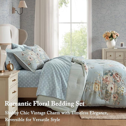 Madison Park Essentials Floral Comforter Set KING Size, Vintage Flower Bedding Set with Sheet Set, 7 Pieces Bed in a Bag with Reversible Botanical Comforter and Pillowcases & Shams, Heather, Soft Blue