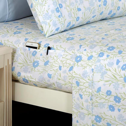 Elegant Comfort Softest and Coziest 4-Piece Sheet Set - 1500 Premium Hotel Quality Microfiber - Deep Pocket, Wrinkle Resistant 4-Piece Floral Bed Sheet Set, Twin, Laurel Blue