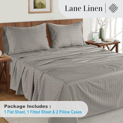 LANE LINEN Striped Sheets Set - 100% Egyptian Cotton 4 Piece Bed for King Size Hotel Bedding & Pillowcases 16" Deep Pocket (Fits Upto 17" Mattress) Silver