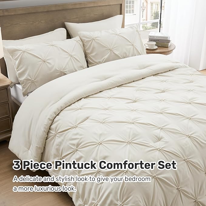 UNIKOME Queen Comforter Set Beige - Ultra Soft Boho Pintuck Cream Down Alternative Bedding Set for All Seasons, 3 Pieces Lightweight Warm Pinch Pleat Bed Set with Comforter, 2 Pillowcases