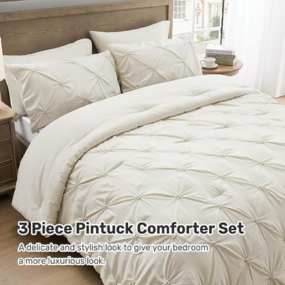 UNIKOME Queen Comforter Set Beige - Ultra Soft Boho Pintuck Cream Down Alternative Bedding Set for All Seasons, 3 Pieces Lightweight Warm Pinch Pleat Bed Set with Comforter, 2 Pillowcases