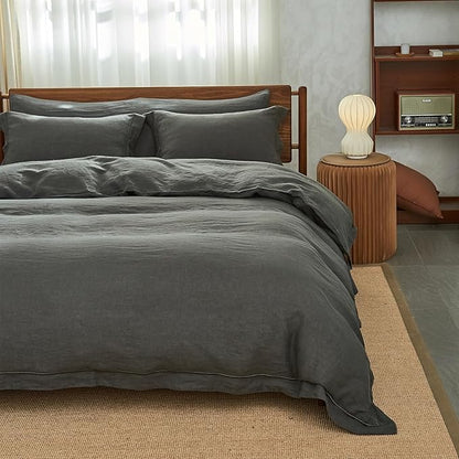 Simple&Opulence 100% Washed Linen Duvet Cover with Embroidered, 2 Pieces Soft Farmhouse Comforter Set with Button Closure,1 Duvet Cover and 1 Pillowsham(Twin,Charcoal Grey)