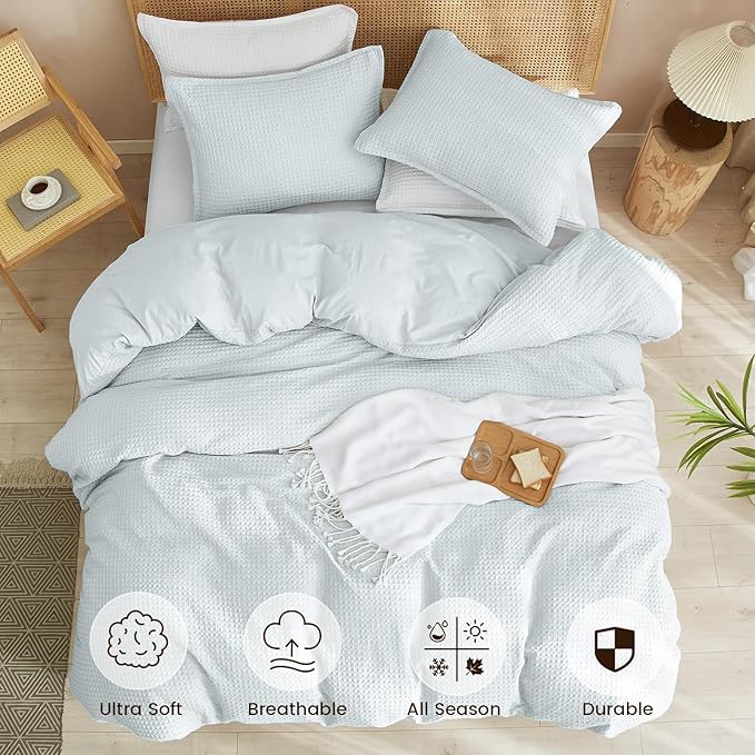 PHF Waffle Weave Duvet Cover Set King Size, 3 Piece Ultra Soft Breathable Durable Comforter Cover for All Season, Waffle Textured Duvet Set with 2 Pillow Shams Bedding Collection, 104"x90",Ice Blue
