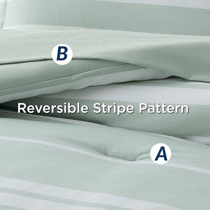 Bedsure Full Comforter Set 7 Pieces, Sage Green Striped Bedding Set for All Seasons, Reversible, Cationic Dyeing Bed in a Bag with Comforter, Sheets, Pillowcases & Shams