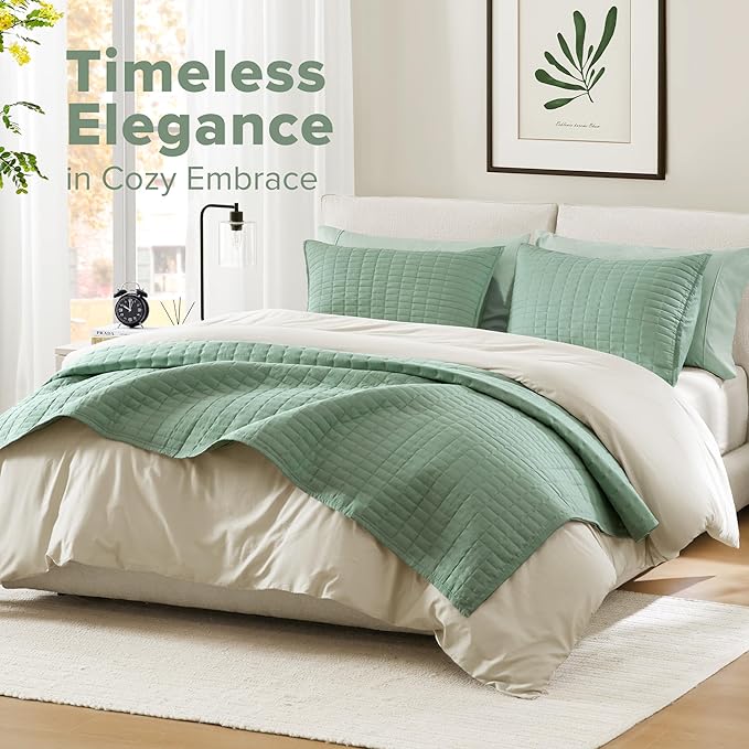 Comfort Spaces Kienna Quilt Set- Double Sided Stitching Design Summer Blanket, Lightweight, Soft, All Season Bedding Layer, Matching Sham, Sage Green, Coverlet Full/Queen(90"x90") 3 Piece