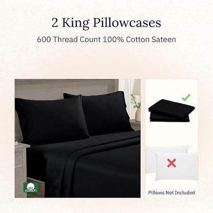 California Design Den Premium Pillow Cases King Size Set of 2-600 Thread Count Sateen, Natural 100% Cotton King Pillowcases, Crisp, Durable Bedding - Black