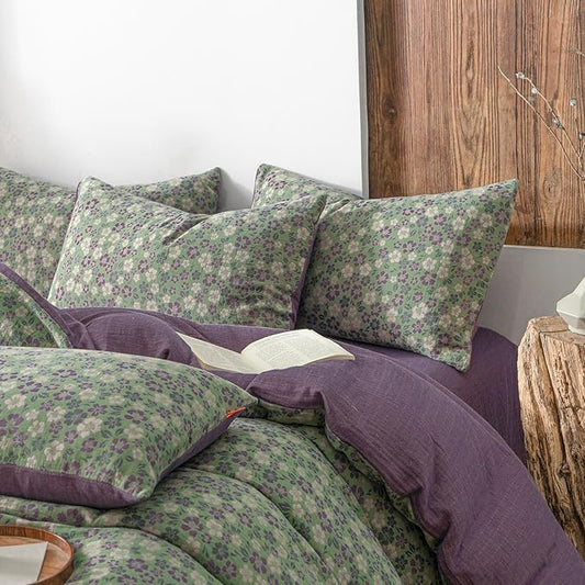 VM VOUGEMARKET Vintage Floral Jacquard Duvet Cover Set King Breathable Double Layered Gauze Bedding Collection for All-Season,Green & Purple