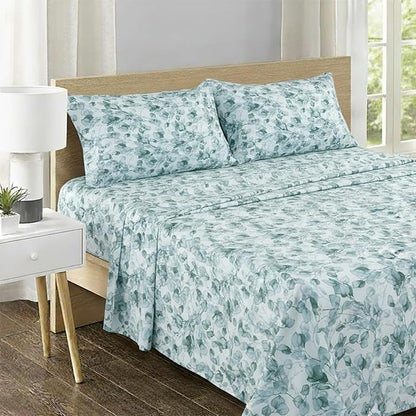 Feather & Stitch Printed 500 TC Queen Size 4pc Damask Bed Sheet Set, 100% Soft Cotton Breathable Bedsheets, 18" Deep Pockets Sateen Weave Striped Bedding Mattress Resort Hotel Luxury - Green Leaf