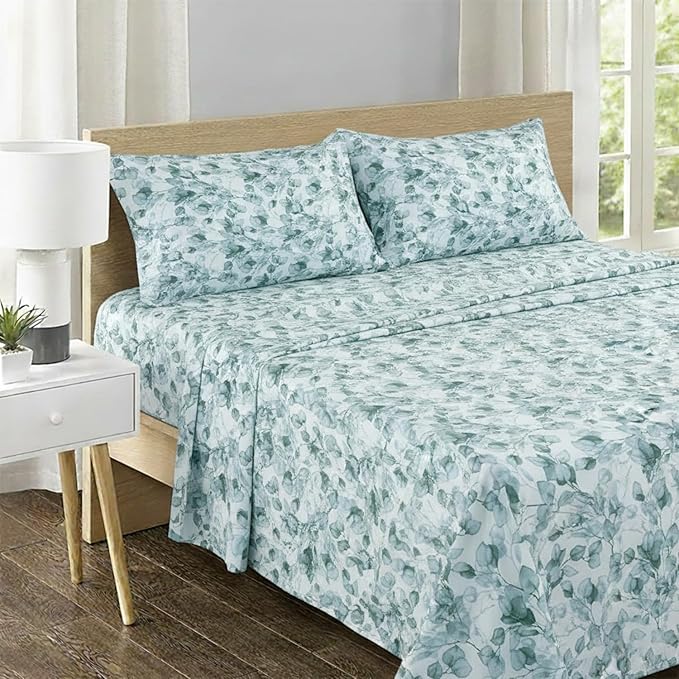 Feather & Stitch Printed 500 TC California King Size 4pc Damask Bed Sheet Set, 100% Soft Cotton Breathable Bedsheets, 18" Deep Pockets Sateen Weave Striped Bedding Mattress - Green Leaf