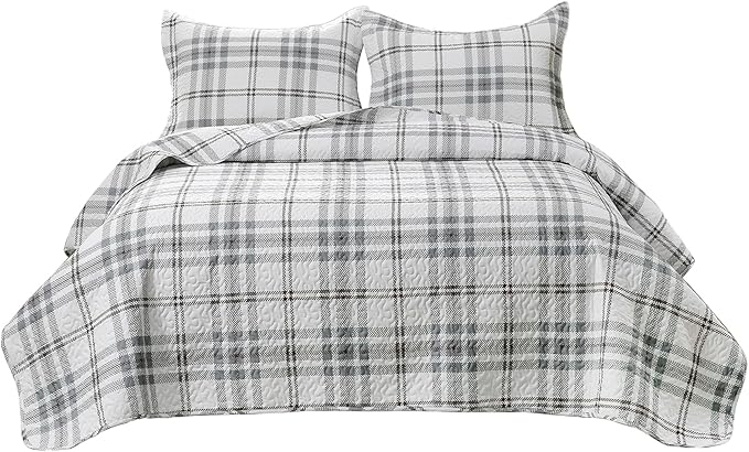 Plaid Quilt Set King Size - Ultra Soft Gingham Quilts Bedding Set with 2 Pillow Shams, Lightweight Reversible Striped Quilted Bedspread Coverlet 3 Pieces for Summer, 104"×90", Grey White