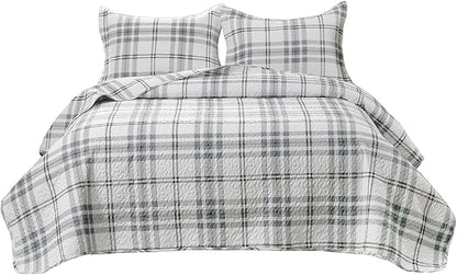 Plaid Quilt Set King Size - Ultra Soft Gingham Quilts Bedding Set with 2 Pillow Shams, Lightweight Reversible Striped Quilted Bedspread Coverlet 3 Pieces for Summer, 104"×90", Grey White