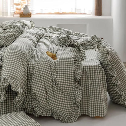 mixinni Green Gingham Ruffle Duvet Cover Queen Size 3 Pieces – 100% Washed Cotton, Vintage Plaid Ruffled Bedding Set with Zipper Ties, Soft Checkered Grid Farmhouse Chic Comforter Cover Set