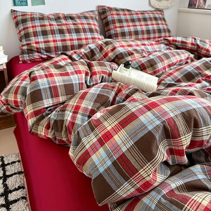 EAVD Vintage Style Red&Brown Buffalo Plaid Comforter Set Full Soft 100% Washed Cotton Chic Grid Checkered Ginham Bedding Set with 2 Pillowcases Farmhouse Geometric Comforter Set for All-Season