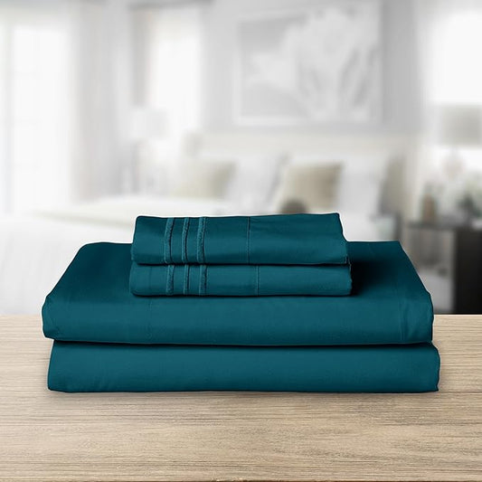 Elegant Comfort Luxurious 1500 Premium Hotel Quality Microfiber Three Line Embroidered Softest 4-Piece Bed Sheet Set, Wrinkle and Fade Resistant, Queen, Marine Teal