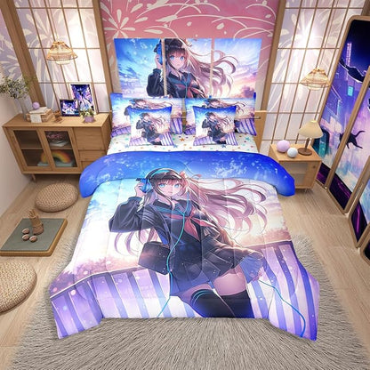 Erosebridal Anime Girl Comforter Set Twin Size 7 Piece, Japanese Anime Bedding Set with Sheet Set for Kids Boys Teens Bedroom Decor, Cartoon Girl Bed in A Bag Kawaii Japanese Animation Decor