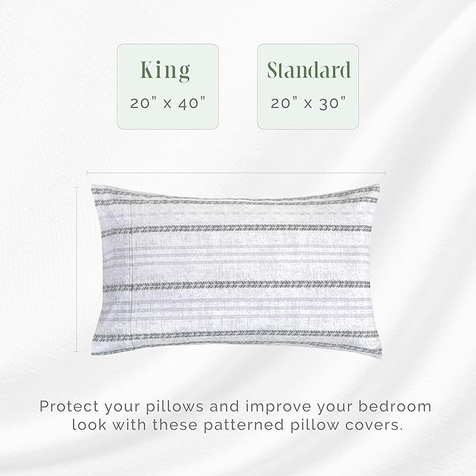 Elegant Comfort Ultra Soft Set of 2 Striped Print Pillowcases - 1500 Premium Hotel Quality Microfiber, Soft and Smooth Envelope Closure 2-Piece Pillow Covers - Standard/Queen, Traci Gray