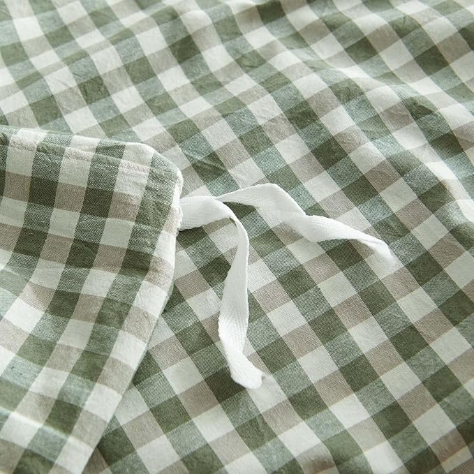 Nayoroom Gingham Duvet Cover King Size 100% Washed Cotton Green Plaid Checkered Comforter Cover 3 Pcs Soft Breathable Grid Farmhouse Dorm Bedding Set for All Seasons