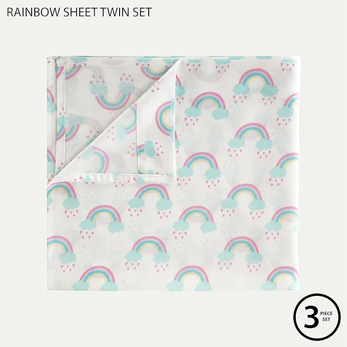Heritage Kids 3 Piece Twin Sheet Set – Rainbow Print – Includes Flat Sheet, Fitted Sheet & Pillowcase – Soft Microfiber Bedding for Girls – Fits Standard Twin Bed