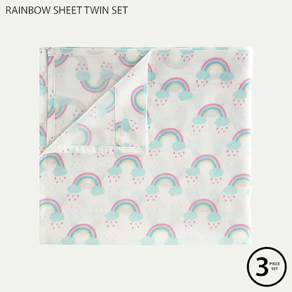 Heritage Kids 3 Piece Twin Sheet Set – Rainbow Print – Includes Flat Sheet, Fitted Sheet & Pillowcase – Soft Microfiber Bedding for Girls – Fits Standard Twin Bed