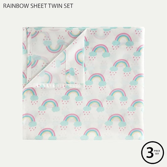 Heritage Kids 3 Piece Twin Sheet Set – Rainbow Print – Includes Flat Sheet, Fitted Sheet & Pillowcase – Soft Microfiber Bedding for Girls – Fits Standard Twin Bed