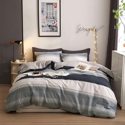 VM VOUGEMARKET Stripes Comforter Set King Gray Blue Striped Bedding Comforter with 2 Pillowcases Modern Style Lightweight Soft Comforter Set for Men Adutls