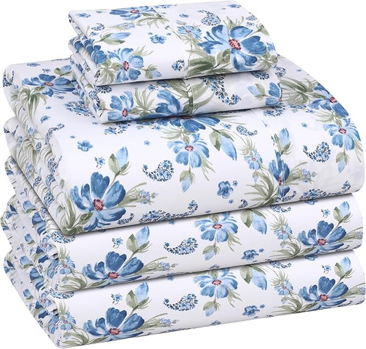 RUVANTI 100% Cotton Sheets – Split King Size Percale Bedding, Cooling & Breathable Floral Design, Durable with a Crisp, Soft & Comfortable Feel, 16" Deep Pocket, 5-Piece Set, Paislyona