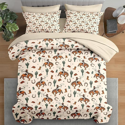 Comforter Set Full Size, Western Cactus Cowboy Vintage 7 Pcs Bedding for Kids and Adults, Boho Retro Cowgirl Bed Sheet Sets with Fitted Sheet 2 Pillowcases & 2 Shams for Bedroom Bed Decor