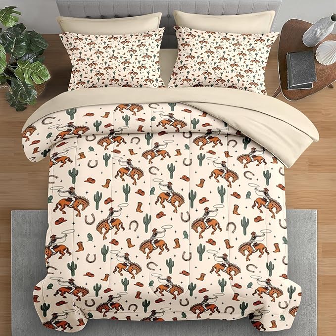 Comforter Set Queen Size, Western Cactus Cowboy 7 Pcs Bedding for Kids and Adults, Boho Retro Cowgirl Bed Sheet Sets with Fitted Sheet 2 Pillowcases & 2 Shams for Bedroom Bed Decor
