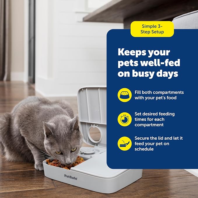 PetSafe Automatic 2 Meal Pet Feeder | Slow Feed Portion Control, Dial Timers Schedule 2 Automatic Meals in 30-Min Steps, Each Compartment Holds up to 1.5 Cups