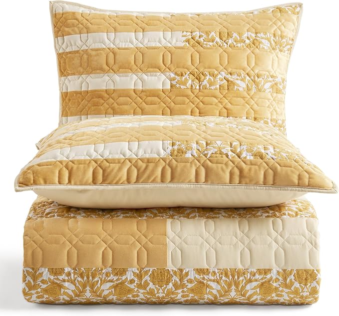 Wonderful Yellow Patchwork Spring Quilt King - Real Stitched Cotton Velvet Microfiber Mixed Bedding - 3-Piece Piano Key Splicing Floral Bedspread - Lightweight Geometric Quilted Coverlet | Breathable Material, Soft Touch, Wrinkle-Resistant, Machine Was...