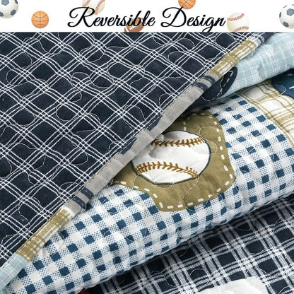 Cozy Line Home Fashions Blue Sports Baseball Basketball Soccer Ball Football Quilt Set Bedspread Coverlet for Boys Kids (Sport, Twin - 2 Piece)