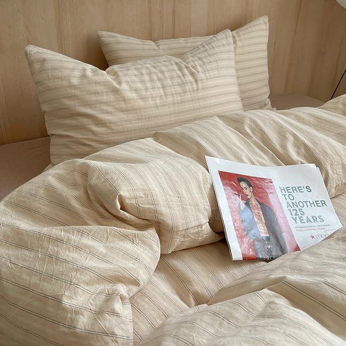mixinni Striped Comforter Set Twin XL Size - Beige Comforter with Black White Stripes Pattern, 3 Pieces All Seasons Bedding Set, Soft Breathable Vintage Farmhouse Comforter with Pillowcases