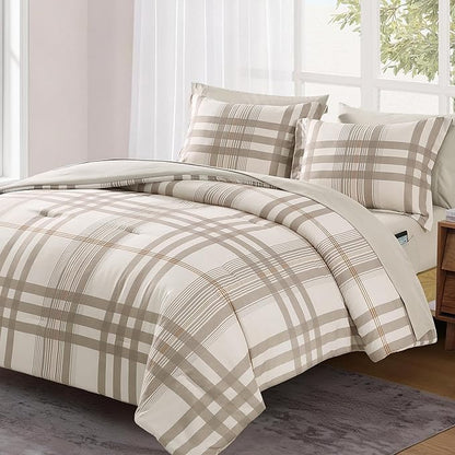 MaiRêve Full Size Comforter Set Brown Grey, Classic Plaid Farmhouse Bedding Sets 7 Pieces, All Season Lightweight Bed in a Bag with Sheets, Pillowcases & Shams
