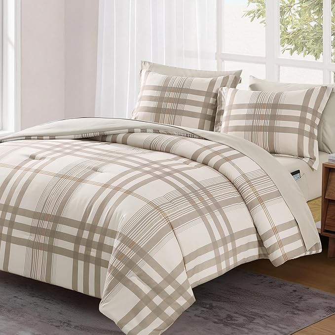 MaiRêve Queen Comforter Set Brown Grey, Classic Plaid Farmhouse Bedding Sets 7 Pieces, All Season Lightweight Bed in a Bag with Sheets, Pillowcases & Shams