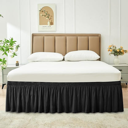 Biscaynebay Wrap Around Bed Skirts for King & Cal King Beds with Extra Long Drop of 25", Black Adjustable Elastic Dust Ruffles Easy Fit Wrinkle Resistant Silky Luxurious Fabric Machine Washable