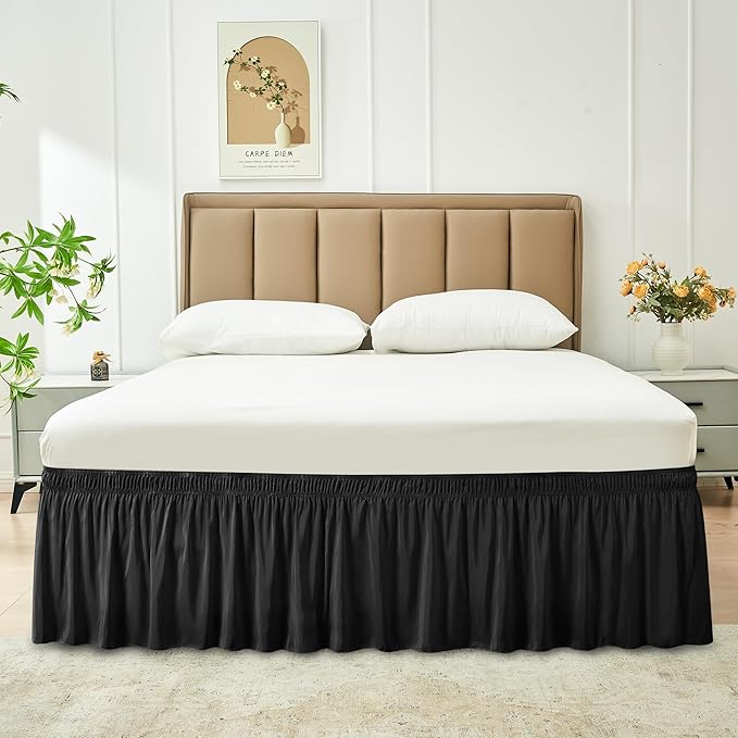 Biscaynebay Wrap Around Bed Skirts for King & Cal King Beds 19" Long Drop, Black Adjustable Elastic Dust Ruffles Easy Fit Wrinkle & Fade Resistant Silky Luxurious Fabric Solid Machine Washable