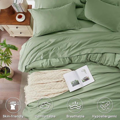 Anluoer Sage Green Queen Comforter Set 7 Pieces, Bed in a Bag with Sheets, All Season Bedding Sets with 1 Comforter, 2 Pillow Shams, 2 Pillowcases, 1 Flat Sheet, 1 Fitted Sheet