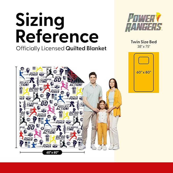 Northwest Power Rangers Core Quilted Blanket, Comfy Throw, Adults Boys Girls, Soft Lightweight Bedding for Bed, or Couch, 60 x 80 inches